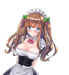 Rule 34 | .live, absurdres, arms behind back, bad id, bad pixiv id, blue eyes, blush, breasts, brown hair, cherry hair ornament, cleavage, collarbone, food-themed hair ornament, hair ornament, highres, kakyouin chieri, kutar22, large breasts, long hair, looking at viewer, maid, maid headdress, ribbon, simple background, solo, virtual youtuber, white background