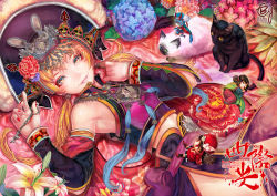 Rule 34 | 1girl, animal, armpits, b.c.n.y., bare shoulders, blonde hair, cat, chibi, chinese clothes, crown, detached sleeves, flower, hair ornament, hat, heterochromia, hydrangea, jewelry, key, lily (flower), looking at viewer, lying, original, rose, smile, twintails