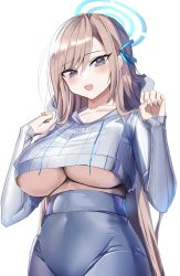 Rule 34 | 1girl, absurdres, asuna (blue archive), blue archive, blue leggings, blue pants, blue shirt, blush, breasts, halo, hanasaka houcha, hands up, highres, large breasts, leggings, light brown hair, long hair, long sleeves, looking at viewer, open mouth, pants, shirt, skin tight, smile, solo, sweater, underboob, white background, white sweater