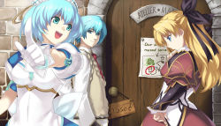 Rule 34 | 1boy, 2girls, arrow (symbol), atelier (series), black ribbon, blonde hair, blue eyes, blue hair, bow, bracelet, breasts, brick wall, cross edge, door, dress, english text, foreshortening, frills, from side, game cg, gloves, gust, hair between eyes, hair ribbon, hand on own hip, hand on own chin, hand up, hirano katsuyuki, house, jewelry, light smile, liliane vehlendorf, long hair, long sleeves, looking at another, looking at viewer, looking down, maid, maid headdress, mana khemia (series), mana khemia 2, medium breasts, multiple girls, necktie, outstretched arm, pointing, profile, puffy sleeves, red necktie, ribbon, rozeluxe meitzen, short hair, short sleeves, sign, smile, standing, stroking own chin, sweater vest, thinking, tree, two side up, upper body, white bow, white gloves, wuim (mana khemia)