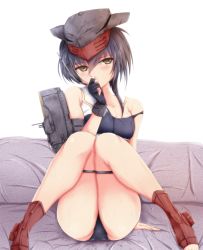 Rule 34 | 10s, 1girl, arm support, ass, asymmetrical hair, black hair, breasts, brown eyes, covered mouth, framed breasts, full body, gloves, hair between eyes, i-13 (kancolle), kantai collection, knees together feet apart, looking at viewer, mable, medium breasts, partially fingerless gloves, sailor collar, school swimsuit, short hair, single glove, sitting, solo, strap slip, swimsuit, thigh strap, thighs, tsurime