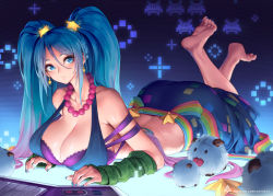 Rule 34 | 1girl, alternate costume, arcade sona, ass, back, barefoot, bikini, bikini top only, blue eyes, blue hair, breasts, cleavage, feet, full body, glowing, halterneck, jewelry, large breasts, league of legends, long hair, lying, nail polish, necklace, on stomach, oopartz yang, poro (league of legends), soles, solo, sona (league of legends), swimsuit, the pose, toenail polish, toenails, toes, twintails, very long hair