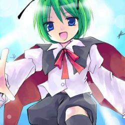 Rule 34 | 1girl, :d, antennae, asahina, black legwear, black shorts, blue eyes, blue sky, bug, buttons, cape, collared shirt, dragonfly, female focus, green hair, insect, juliet sleeves, knee up, long sleeves, lowres, neck ribbon, open mouth, outdoors, puffy shorts, puffy sleeves, red ribbon, ribbon, shirt, short hair, shorts, sky, smile, solo, sunlight, touhou, white shirt, wriggle nightbug