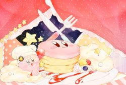 Rule 34 | chef hat, curtains, food, fork, hat, kananishi, kirby, kirby (series), kirby cafe, kirby cafe, knife, night, night sky, nintendo, open mouth, pancake, pastel colors, polka dot, sky, smile, sparkling eyes, star (symbol), striped, syrup, whipped cream