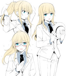 Rule 34 | 1other, :d, arm behind back, arms up, bespectacled, black necktie, blonde hair, blue eyes, blue shirt, chevalier d&#039;eon (fate), collared shirt, fate/grand order, fate (series), fedora, flying sweatdrops, formal, glasses, hair tie, hand up, hat, unworn hat, unworn headwear, holding, holding clothes, holding hat, jacket, long hair, long sleeves, looking at viewer, motion lines, mouth hold, multiple views, necktie, open mouth, pants, ponytail, rui shi (rayze ray), shirt, sidelocks, simple background, smile, suit, tying hair, white background, white jacket, white pants, wing collar