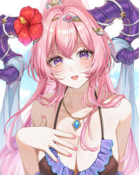 1girl :d bare_shoulders bikini black_bikini blush breasts circlet cleavage collarbone commentary_request fire_emblem fire_emblem_heroes flower frilled_bikini frills hair_flower hair_intakes hair_ornament hand_on_own_chest hand_up highres horns jewelry large_breasts long_hair looking_at_viewer nail_polish nerthuz_(fire_emblem) nerthuz_(summer)_(fire_emblem) nintendo official_alternate_costume open_mouth pendant pink_hair pink_nails purple_eyes red_flower satoimo_chika smile solo swimsuit very_long_hair wet wet_hair