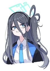 Rule 34 | 1girl, absurdly long hair, aris (blue archive), black hair, blue archive, blue eyes, blue necktie, closed mouth, collared shirt, crazy smile, dr yamero, green halo, halo, highres, jacket, long hair, necktie, one side up, open clothes, open jacket, ringed eyes, shirt, smile, solo, thighhighs, upper body, very long hair, white background, white shirt