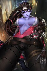 Rule 34 | 1girl, absurdres, akiak1, alley, alternate hairstyle, areola slip, belt, blurry, bodysuit, breasts, building, center opening, colored skin, covered erect nipples, cowboy shot, crotch, depth of field, dreadlocks, explosive, from below, gloves, grenade, gun, hand on thigh, head-mounted display, highres, large breasts, lips, lipstick, long hair, looking at viewer, looking down, makeup, noire widowmaker, official alternate costume, overwatch, overwatch 1, ponytail, purple hair, purple lips, purple skin, rifle, sniper rifle, solo, thigh strap, very long hair, visor, weapon, widowmaker (overwatch), yellow eyes