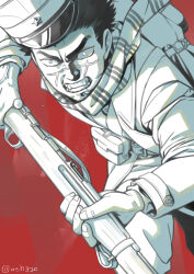 Rule 34 | 1boy, absurdres, backpack, bag, belt, belt pouch, bolt action, charging forward, clenched teeth, coat, commentary request, cowboy shot, floating hat, glaring, golden kamuy, greyscale with colored background, grimace, gun, hat, highres, holding, holding gun, holding weapon, kepi, long sleeves, looking at viewer, male focus, military hat, military uniform, mushroom (osh320), pants, pouch, red background, rifle, scar, scar on face, scarf, short hair, solo, striped clothes, striped scarf, sugimoto saichi, teeth, twitter username, uniform, unworn headwear, veins, weapon, wide-eyed