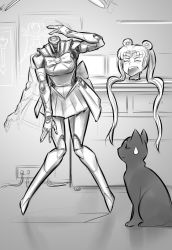 Rule 34 | 1990s (style), 1girl, android, bishoujo senshi sailor moon, black cat, cat, disembodied head, double bun, greyscale, highres, joints, long hair, luna (sailor moon), mechanization, monochrome, no feet, psuede, robot joints, sailor moon, sweatdrop, tiara, twintails