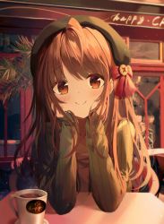 Rule 34 | 1girl, beret, black hat, black jacket, blush, bow, brown eyes, brown hair, brown shirt, chair, closed mouth, coffee, commentary, cup, english commentary, hat, highres, jacket, long hair, looking at viewer, on chair, open clothes, open jacket, original, outdoors, red bow, ribbed jacket, seero, shirt, sitting, smile, solo, steam, sunset, table, upper body, very long hair