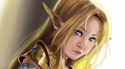 Rule 34 | 1girl, armor, backlighting, blonde hair, blue eyes, close-up, elbow gloves, eyebrows, eyelashes, forehead, gloves, heterochromia, highres, lips, looking at viewer, magic circle, nintendo, nose, pauldrons, pointy ears, princess zelda, purple eyes, robert knight, shoulder armor, solo, super smash bros., the legend of zelda, the legend of zelda: ocarina of time