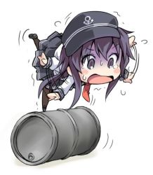 Rule 34 | 10s, 1girl, akatsuki (kancolle), anchor symbol, bad id, bad twitter id, balancing, black footwear, black skirt, black thighhighs, chibi, drum (container), flailing, flat cap, full body, hair between eyes, ham (points), hat, inactive account, kantai collection, long hair, pleated skirt, purple eyes, purple hair, shoes, simple background, skirt, solo, sweatdrop, thighhighs, white background