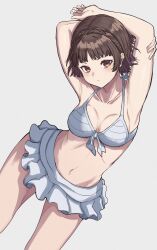 Rule 34 | 1girl, armpits, arms up, bikini, braid, breasts, brown hair, closed mouth, commentary request, crown braid, expressionless, highres, looking at viewer, medium breasts, navel, niijima makoto, persona, persona 5, red eyes, s-m-53413, short hair, solo, swimsuit, thighs, white bikini