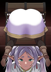 Rule 34 | 1girl, absurdres, ass, clenched teeth, earrings, elf, facing viewer, female focus, frieren, from behind, highres, hosto, jewelry, long hair, long pointy ears, multiple views, pointy ears, restrained, sousou no frieren, stuck, teeth, twintails