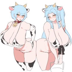 2girls absurdres angela_(project_moon) animal_ears animal_print ass ass-to-ass ass_press bell bikini black_bow blue_hair bow breasts bucket collar cow_ears cow_horns cow_print cow_print_bikini cow_print_gloves cow_print_thighhighs cowbell cowboy_shot dual_persona gloves gya_rb highres holding holding_bucket horns huge_breasts library_of_ruina lobotomy_corporation long_hair looking_at_viewer multiple_girls one_side_up parted_bangs print_bikini print_gloves print_thighhighs project_moon red_collar sidelocks swimsuit thighhighs very_long_hair