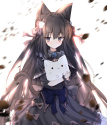 Rule 34 | 1girl, absurdres, animal, animal ear fluff, animal ears, arcaea, backlighting, black bow, black capelet, black dress, blue bow, blush, bow, capelet, cat ears, cat girl, cat tail, closed mouth, commentary request, dress, flower, grey eyes, hair between eyes, hair bow, hair flower, hair ornament, highres, holding, holding animal, kemonomimi mode, light smile, long sleeves, red bow, red flower, red rose, rose, simple background, solo, tail, tairitsu (arcaea), tandohark, white background, white flower, white rose