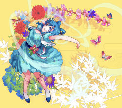 Rule 34 | 1girl, :d, absurdres, aqua dress, arms up, blue eyes, blue footwear, blue hair, branch, breasts, bug, butterfly, cleavage, commentary request, dress, floral background, floral print, flower, full body, hagoromo, hair between eyes, hair ornament, hair rings, hair stick, highres, insect, k2pudding, kaku seiga, knees together feet apart, leaf, leg ribbon, looking at viewer, medium breasts, ofuda, open mouth, puffy short sleeves, puffy sleeves, ribbon, shawl, short hair, short sleeves, smile, socks, solo, teeth, touhou, twisted torso, upper teeth only, vest, white vest, yellow background