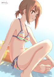 Rule 34 | 1girl, artist name, bare arms, bare legs, bare shoulders, barefoot, bikini, blush, breasts, brown eyes, brown hair, commentary request, feet, halterneck, highres, innertube, knee up, looking at viewer, medium breasts, navel, okano kei, parted lips, side-tie bikini bottom, sidelocks, signature, sitting, soles, solo, striped bikini, striped clothes, swim ring, swimsuit, toes, umiroku, yuyushiki