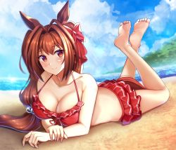 Rule 34 | 1girl, absurdres, animal ears, barefoot, beach, bikini, blush, bow, breasts, cleavage, closed mouth, daiwa scarlet (trifle vacation) (umamusume), daiwa scarlet (umamusume), feet, feet up, full body, hair bow, hair intakes, hair ornament, highres, horse ears, horse girl, large breasts, long hair, looking at viewer, lying, on stomach, red bikini, red bow, red eyes, smile, soles, solo, swimsuit, the pose, thighs, toes, umamusume, water, z.nov