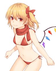 Rule 34 | 1girl, bare arms, bare shoulders, bikini, blonde hair, blush, bow, breasts, closed mouth, commentary request, cowboy shot, crystal, embarrassed, flandre scarlet, groin, hair between eyes, hair bow, highres, looking at viewer, miyo (ranthath), navel, one side up, rainbow order, red bikini, red bow, red eyes, red scarf, scarf, short hair, side-tie bikini bottom, simple background, small breasts, solo, split mouth, stomach, sweat, swimsuit, thighs, touhou, white background, wings
