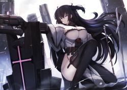 Rule 34 | 1girl, artist name, belt pouch, black gloves, black hair, black thighhighs, breasts, capelet, commentary request, commission, dress, fingerless gloves, flower, gloves, grin, gun, hair between eyes, highres, holding, holding gun, holding sword, holding weapon, huge filesize, large breasts, long hair, looking afar, mecha musume, nekoya (liu), on one knee, original, planted, pouch, purple eyes, red flower, red rose, resolution mismatch, rose, shield, smile, solo, source larger, sword, thighhighs, two side up, very long hair, weapon, white capelet, white dress