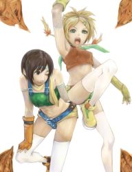 Rule 34 | 00s, 1990s (style), 2girls, @ @, armpits, bad id, bad pixiv id, bare shoulders, belt, bent over, blonde hair, brown eyes, brown hair, crop top, final fantasy, final fantasy vii, final fantasy x, fingerless gloves, fishnets, gloves, green eyes, hair ornament, hairclip, headband, highres, kingdom hearts, midriff, multiple girls, navel, olg, one eye closed, open mouth, retro artstyle, rikku (ff10), shorts, shouting, simple background, sleeveless, sleeveless turtleneck, strapless, thighhighs, trait connection, tube top, turtleneck, white background, white legwear, wink, x hair ornament, yuffie kisaragi