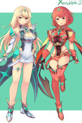 Rule 34 | 2girls, absurdres, armor, blonde hair, breasts, cleavage, cleavage cutout, clothing cutout, dress, fingerless gloves, gloves, highres, long hair, looking at viewer, multiple girls, mythra (xenoblade), nintendo, pyra (xenoblade), red eyes, red hair, red legwear, red shorts, short dress, short hair, shorts, thighhighs, tiara, white dress, xenoblade chronicles (series), xenoblade chronicles 2, xenoblade chronicles (series), xenoblade chronicles 2, yatai (ya2taic)