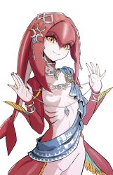 Rule 34 | 1girl, absurdres, bracelet, breasts, closed mouth, colored skin, fins, fish girl, gills, hands up, highres, jewelry, kiritzugu, looking at viewer, mipha, monster girl, multicolored skin, neck ring, necklace, nintendo, no eyebrows, pendant, red skin, sash, simple background, small breasts, smile, solo, the legend of zelda, the legend of zelda: breath of the wild, white background, zora