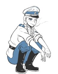 1girl belt blue_pants closed_mouth fluffkaiser freckles hat jacket military military_hat military_uniform original pants russia russian_army russian_empire russian_flag shirt sitting smile smirk smoking solo solo_focus white_jacket white_movement white_shirt