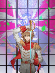 Rule 34 | akechi gorou, arm up, bean sprouts (6651003), belt, blue lightsaber, brown eyes, brown hair, capelet, closed mouth, energy sword, gloves, gradient background, hair between eyes, highres, holding, holding lightsaber, holding sheath, holding sword, holding weapon, justice (tarot), lightsaber, male focus, persona, persona 5, pink background, red capelet, scabbard, sheath, stained glass, sword, tarot, tarot (medium), uniform, unsheathing, weapon, white gloves