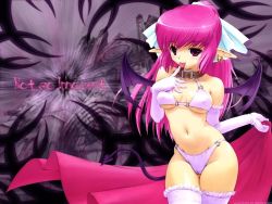 Rule 34 | 1girl, :p, bat wings, blush, bow, bra, breasts, capcom, castle, cleavage, collar, covered erect nipples, curvy, demon, demon girl, demon tail, earrings, elbow gloves, finger to mouth, frilled thighhighs, frills, gloves, hair bow, hair ribbon, highleg, highleg panties, inu777, jewelry, lace, lace-trimmed legwear, lace trim, lingerie, long hair, naughty face, navel, nira (character), panties, pink eyes, pink hair, pointy ears, purple bra, purple hair, purple panties, purple thighhighs, red eyes, ribbon, sideboob, single earring, sky, solo, standing, tail, thighhighs, third-party edit, tongue, tongue out, underboob, underwear, wallpaper, watermark, wide hips, wings