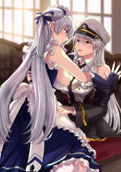 Rule 34 | 2girls, absurdres, akatsuki@oshigoto boshuu chuu, azur lane, backlighting, belfast (azur lane), between breasts, black coat, blush, bow, braid, breasts, cleavage, coat, commentary, couch, enterprise (azur lane), eye contact, finger to mouth, gloves, hair bow, hat, highres, indoors, large breasts, lips, long hair, looking at another, maid, maid headdress, military hat, multiple girls, necktie, open clothes, open coat, open mouth, partially unbuttoned, peaked cap, purple eyes, shirt, silver hair, sitting, sleeveless, sleeveless shirt, smile, sunlight, teeth, upper teeth only, window, yuri