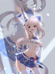 Rule 34 | absurdres, anchor ornament, arm up, armpits, artist request, ayanami (azur lane), ayanami (low-key idol @confused) (azur lane), ayanami (low-key idol @confused) (azur lane), azur lane, blonde hair, detached sleeves, hand on own hip, headgear, heart, highres, idol, long hair, miniskirt, navel, official alternate costume, ponytail, skindentation, skirt, smile, solo, thighhighs, white thighhighs, yellow eyes, zettai ryouiki