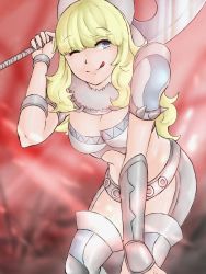 Rule 34 | 1girl, ;q, armor, axe, blonde hair, blue eyes, boots, bracer, breasts, charlotte (fire emblem), cleavage, fire emblem, fire emblem fates, highres, holding, holding axe, holding weapon, leaning forward, looking at viewer, looking to the side, medium breasts, midriff, nintendo, one eye closed, over shoulder, pauldrons, red background, sakiyomi no nana, shoulder armor, smile, solo, tongue, tongue out, wavy hair, weapon, weapon over shoulder