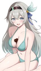 bikini black_hairband blue_pupils blush candy chocolate chocolate_heart chocolate_on_body firefly_(honkai:_star_rail) food food_on_body green_bikini grey_hair hair_ornament hair_ribbon hairband heart heart-shaped_food highres honkai:_star_rail honkai_(series) multicolored_eyes multicolored_hair open_mouth ribbon simple_background sitting smile surippa1010 swimsuit wariza white_background