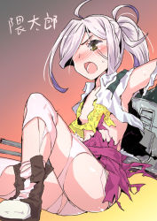 Rule 34 | 10s, 1girl, artist name, asashimo (kancolle), blush, brown eyes, damaged, hair over one eye, kantai collection, kumaori, machinery, open mouth, pantyhose, pleated skirt, ponytail, school uniform, silver hair, sketch, skirt, solo, sweatdrop, torn clothes, torn pantyhose