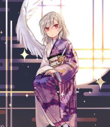 Rule 34 | 1girl, alternate costume, backlighting, braid, closed mouth, cloud, colored eyelashes, egasumi, expressionless, feathered wings, floral print, french braid, hand on lap, highres, invisible chair, japanese clothes, kimono, kishin sagume, long sleeves, looking at viewer, own hands together, red eyes, sash, short hair, silver hair, single wing, sitting, sparkle, tis (shan0x0shan), touhou, white wings, wide sleeves, wings, yukata