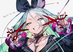 Rule 34 | 1girl, black bow, bow, bukurote, character request, choker, colored inner hair, copyright request, green hair, hair bow, holding, holding scissors, looking down, multicolored hair, scissors, silver hair, smile, solo, yellow eyes