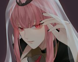 Rule 34 | 1girl, black nails, blunt bangs, brown background, close-up, commentary, english commentary, highres, hololive, hololive english, kiyukyuu, looking to the side, mori calliope, nail polish, parted lips, pink eyes, pink hair, portrait, solo, spikes, tiara, veil, virtual youtuber