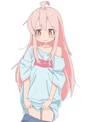 Rule 34 | 1girl, ahoge, blush stickers, collarbone, genderswap, genderswap (mtf), highres, holding, holding clothes, long hair, loose clothes, loose shirt, onii-chan wa oshimai!, orange eyes, oyama mahiro, pink hair, shirt, simple background, solenhfe, solo, wavy mouth, white background