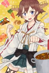 Rule 34 | 1girl, :d, absurdres, bare shoulders, beef, blush, boots, brown hair, carrot, clenched hands, curry, detached sleeves, dokuganryuu, flipped hair, food, green skirt, hiei (kancolle), hiei kai ni (kancolle), highres, kantai collection, looking at viewer, nontraditional miko, onion, open mouth, plaid, plaid skirt, pot, potato, rice, short hair, skirt, smile, solo, spoon, thigh boots, thighhighs