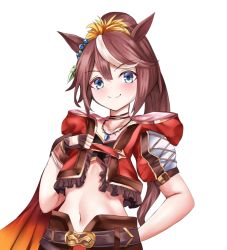 Rule 34 | &gt;:), 1girl, animal ears, black gloves, blue eyes, blush, brown hair, closed mouth, collarbone, commentary request, cropped jacket, fingerless gloves, gloves, hair between eyes, hand up, high ponytail, highres, horse ears, jacket, jewelry, long hair, multicolored hair, navel, pendant, ponytail, puffy short sleeves, puffy sleeves, red jacket, setu (shining12), short sleeves, simple background, smile, solo, streaked hair, tokai teio (beyond the horizon) (umamusume), tokai teio (umamusume), umamusume, upper body, v-shaped eyebrows, very long hair, white background, white hair