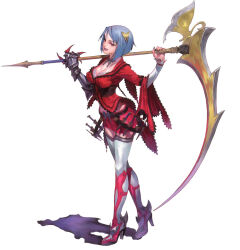 Rule 34 | 1girl, belt, black belt, black choker, black nails, blue hair, boots, breasts, butterfly ornament, choker, cleavage, closed mouth, dagger, fingernails, full body, gauntlets, grandia, grandia iii, hair ornament, holding, holding scythe, holding weapon, knife, legs together, looking at viewer, medium breasts, miniskirt, official art, red eyes, red shirt, red skirt, scythe, shadow, shirt, short hair, simple background, single gauntlet, skirt, smile, solo, standing, thigh boots, thighhighs, violetta (grandia), weapon, white background, white footwear, yoshinari you, zettai ryouiki