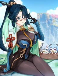 3girls absurdres aqua_eyes aqua_hair aqua_lips black_hair blue_hair bodystocking breasts chibi chinese_hairpin colored_inner_hair earrings ganyu_(genshin_impact) genshin_impact glasses gloves goat_horns hair_ornament high_ponytail highres horns jewelry jrpulse large_breasts long_hair looking_at_viewer multicolored_hair multiple_girls red-framed_eyewear semi-rimless_eyewear shenhe_(genshin_impact) solo_focus tassel tassel_earrings tassel_hair_ornament two-tone_hair very_long_hair xianyun_(genshin_impact)