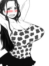 Rule 34 | 1girl, akatsuki katsuie, blush, breasts, female focus, huge breasts, monochrome, nico robin, one piece, simple background, skirt, solo, spot color, tagme, teeth, upper body, white background