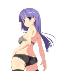 Rule 34 | 1girl, aoi kasumi, ass, back, bikini, blunt bangs, blush, brand name imitation, breasts, butt crack, closed mouth, clothes writing, cowboy shot, eyebrows, from behind, from side, game console, halterneck, hand on own hip, highres, long hair, looking at viewer, looking back, medium breasts, nintendo, nintendo 64, original, purple eyes, purple hair, ryo mizuse, simple background, smile, solo, swimsuit, thighhighs, white background