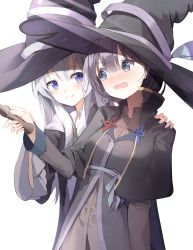 Rule 34 | 2girls, black capelet, black hair, black headwear, black robe, blush, brown shirt, capelet, closed mouth, collared shirt, commentary request, dress shirt, elaina (majo no tabitabi), grey eyes, hair between eyes, hand on another&#039;s shoulder, hat, highres, holding, long hair, long sleeves, majo no tabitabi, multiple girls, open clothes, open mouth, open robe, purple eyes, robe, saya (majo no tabitabi), seero, shirt, silver hair, simple background, smile, white background, witch hat