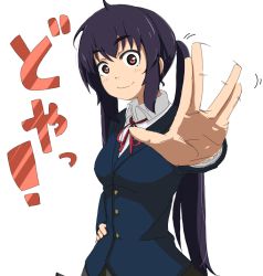 Rule 34 | 1girl, bad id, bad pixiv id, black hair, brown eyes, hand on own hip, jagu-kichi, k-on!, long hair, nakano azusa, salute, school uniform, simple background, smile, solo, twintails, vulcan salute, white background