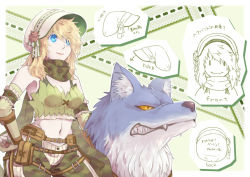 Rule 34 | 1girl, armband, belt, blonde hair, blue eyes, bonnet, border, breasts, brown belt, camouflage, camouflage pants, camouflage scarf, cleavage, closed mouth, commentary request, cowboy shot, crop top, elbow gloves, eyes visible through hair, fingerless gloves, flower, gloves, green background, green gloves, green shirt, hair over one eye, hand on own hip, hat, hat flower, looking to the side, medium breasts, medium hair, midriff, navel, pants, pink flower, pouch, ragnarok online, ranger (ragnarok online), shirt, solo, standing, susukinohukurou, utility belt, white border, white hat, wolf